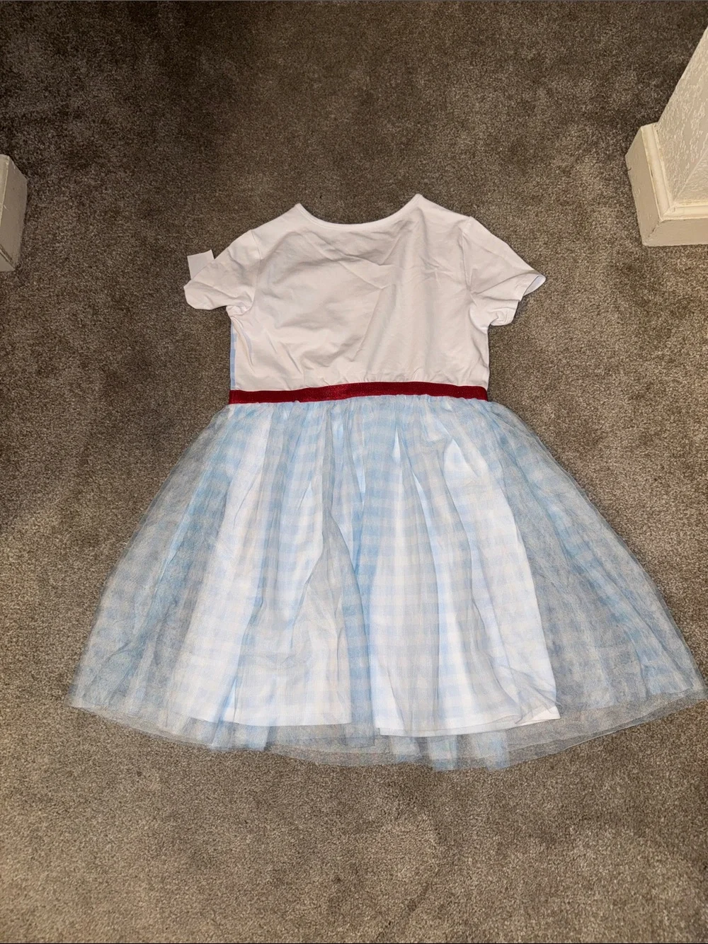 Blue Gingham Sparkle Tulle Kids Costume Dress with Red Bow